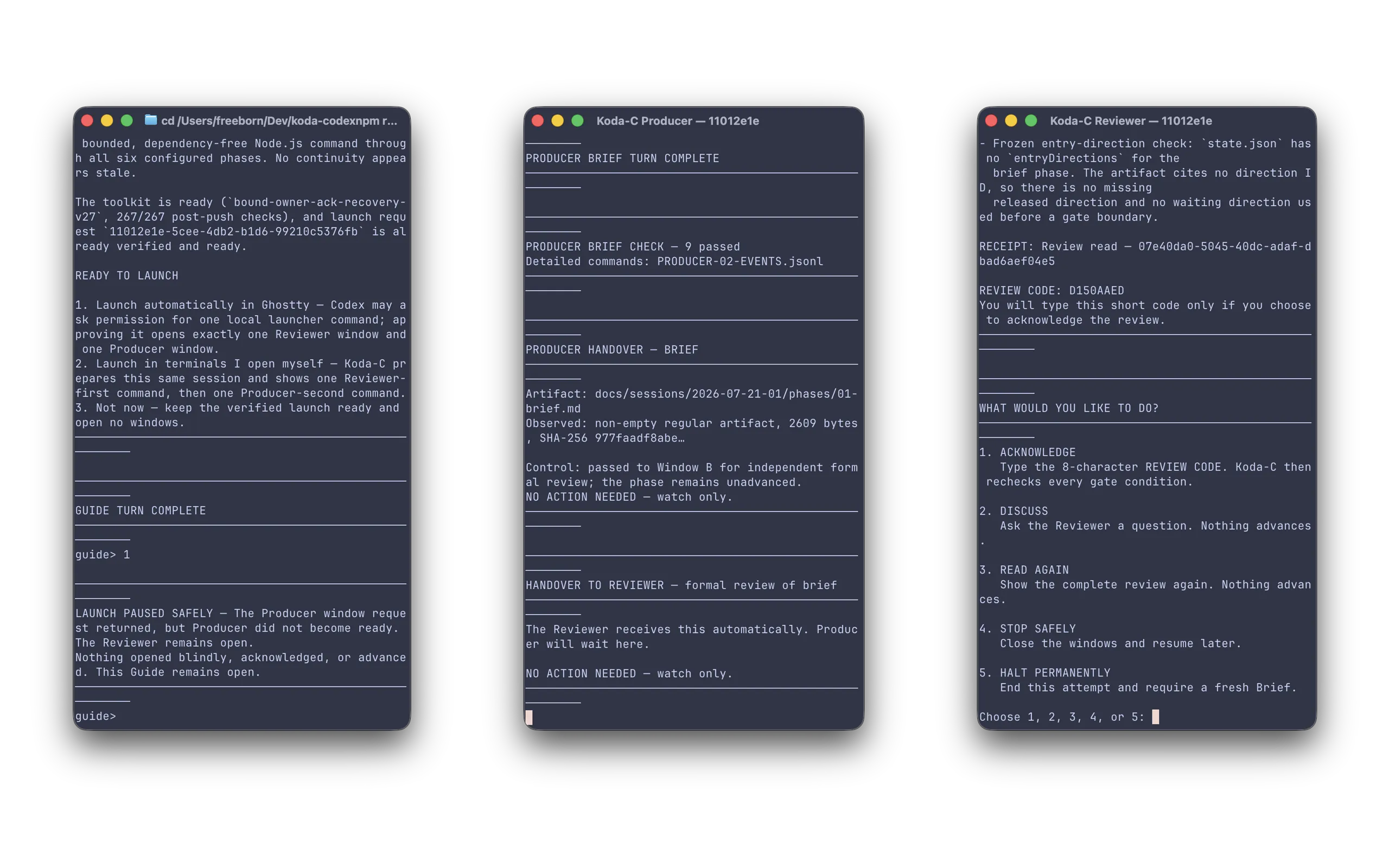 The three Koda-C seats side by side in bounded terminal panels — the Guide console, the Producer with a handover brief, and the Reviewer asking for the receipt acknowledgement.